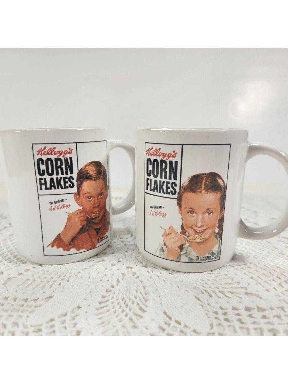 Kellogg's Kids Coffee Cup Mug Norman Rockwell Corn Flakes Set of 2 Made In Japan